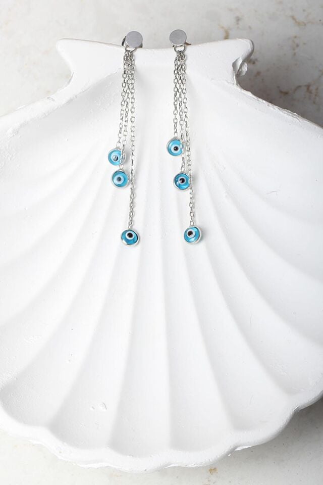 Nazar Küpe Sallantılı Nazar Boncuklu Mavi Göz Yuvarlak 925 Ayar Çivili Zincir Gümüş Küpe