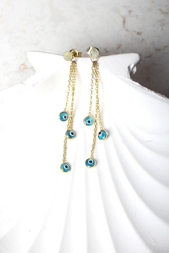 Nazar Küpe Sallantılı Nazar Boncuklu Mavi Göz Yuvarlak 925 Ayar Çivili Zincir Gümüş Küpe