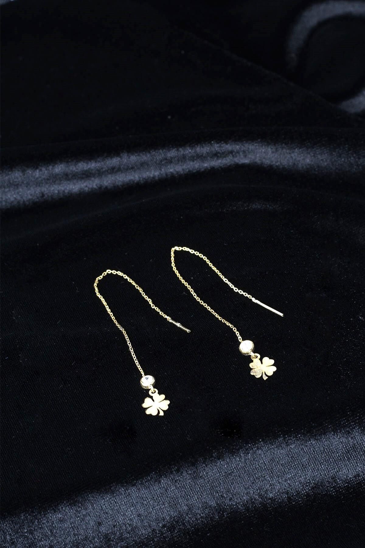 Yonca Zincir Küpe Sallantılı Zirkon Taşlı Beyaz 925 Ayar Gümüş Küpe