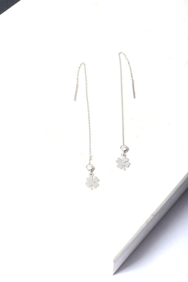 Yonca Zincir Küpe Sallantılı Zirkon Taşlı Beyaz 925 Ayar Gümüş Küpe