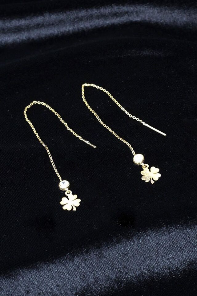 Yonca Zincir Küpe Sallantılı Zirkon Taşlı Beyaz 925 Ayar Gümüş Küpe