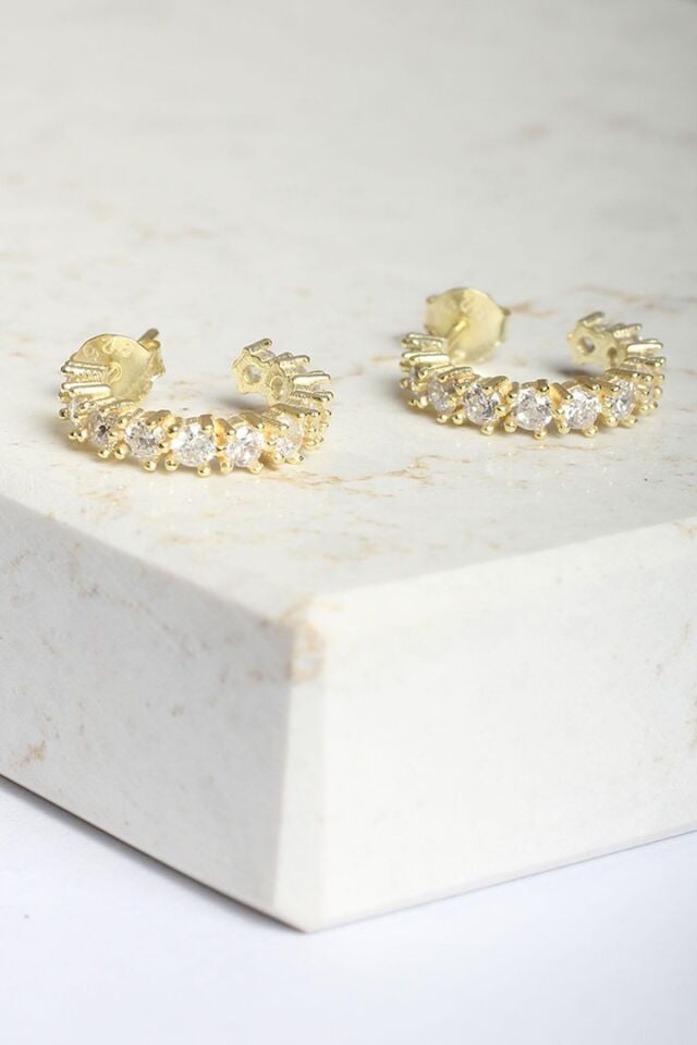 Halka Küpe Zirkon Taşlı 925 Ayar Gümüş Yuvarlak Küpe