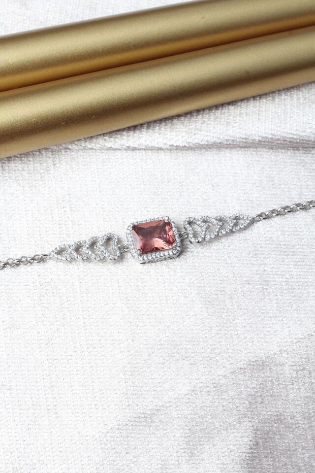 Renkli Bileklik Kare Zultanit Zirkon Taşlı Beyaz 925 Ayar Gümüş Zincir Bileklik