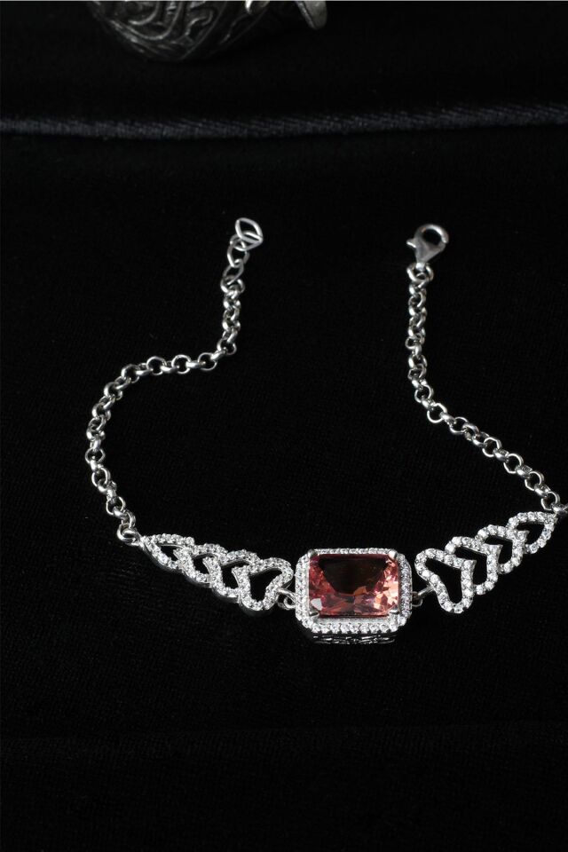 Renkli Bileklik Kare Zultanit Zirkon Taşlı Beyaz 925 Ayar Gümüş Zincir Bileklik