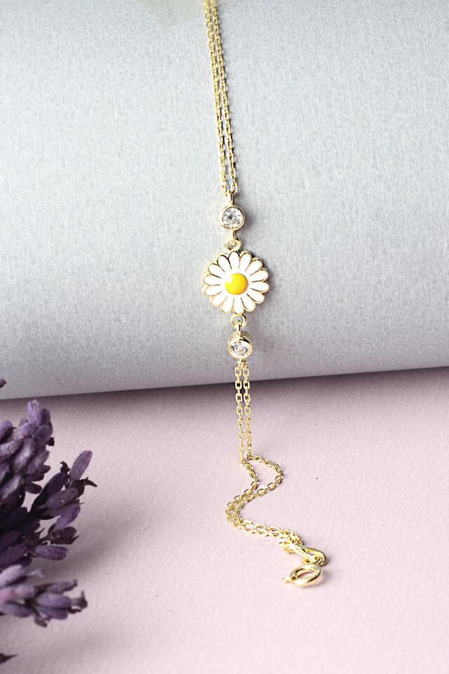 Papatya Bileklik Minimal Zirkon Taşlı Mineli 925 Ayar Gümüş Zincir Bileklik