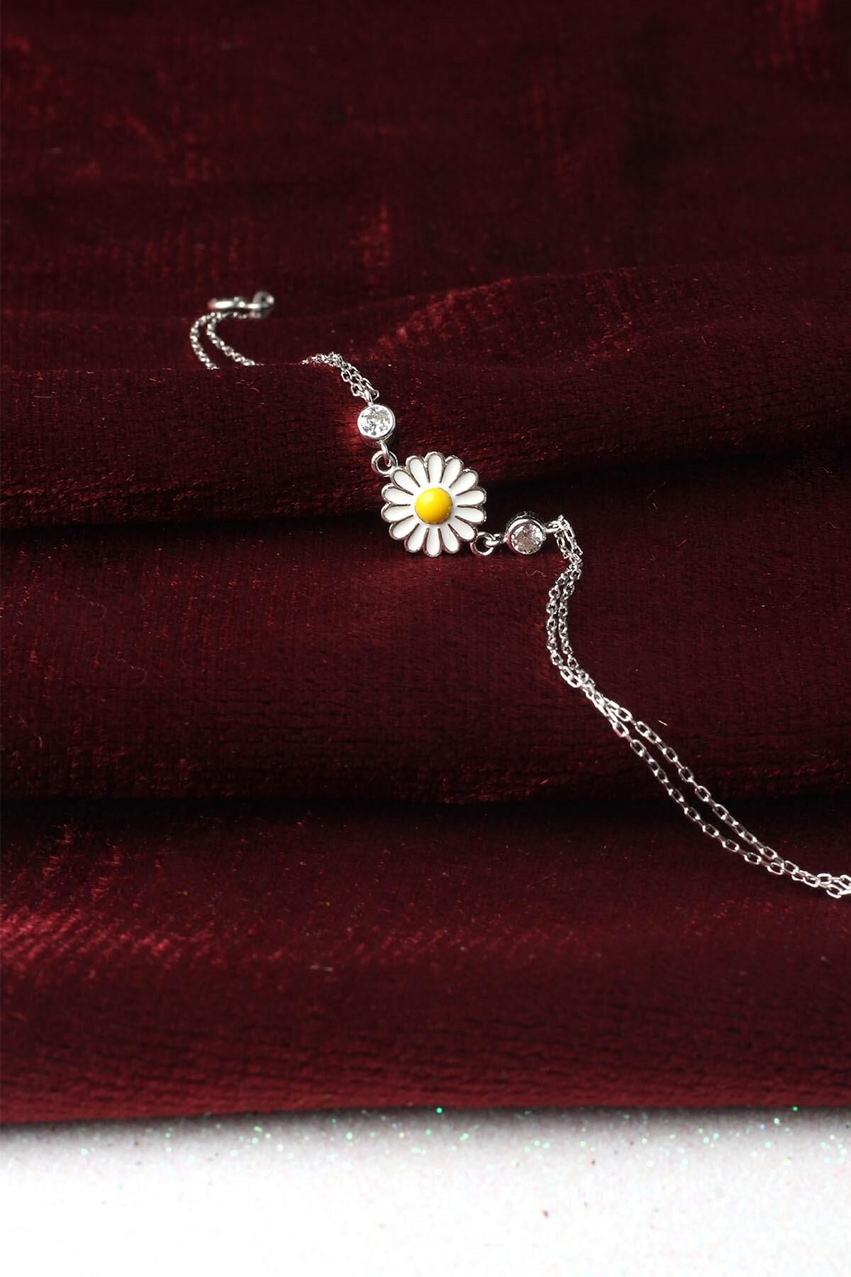 Papatya Bileklik Minimal Zirkon Taşlı Mineli 925 Ayar Gümüş Zincir Bileklik