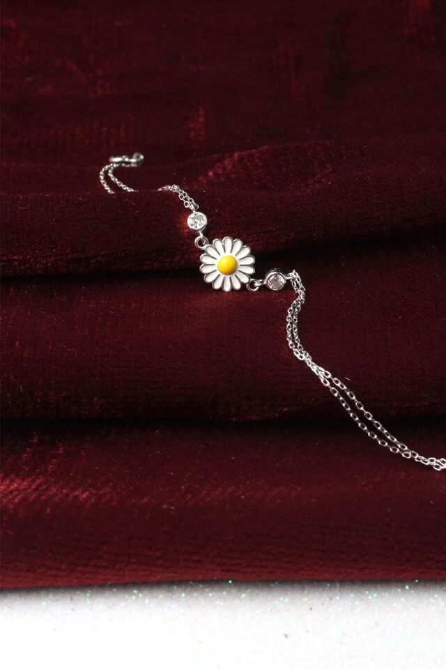 Papatya Bileklik Minimal Zirkon Taşlı Mineli 925 Ayar Gümüş Zincir Bileklik