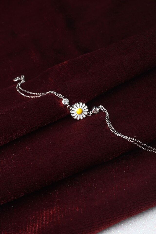 Papatya Bileklik Minimal Zirkon Taşlı Mineli 925 Ayar Gümüş Zincir Bileklik