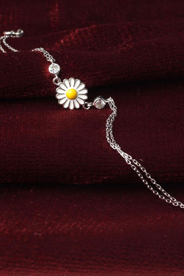 Papatya Bileklik Minimal Zirkon Taşlı Mineli 925 Ayar Gümüş Zincir Bileklik