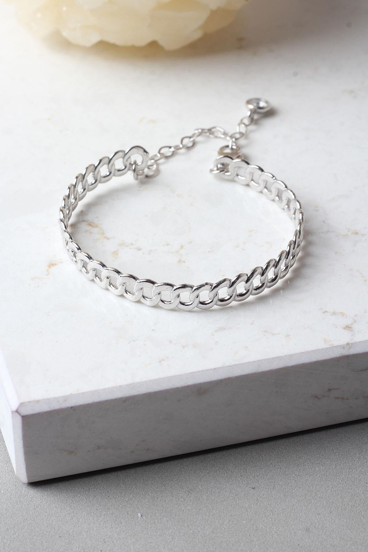 Kelepçe Bileklik Yuvarlak 925 Ayar Gümüş Zincir Bileklik