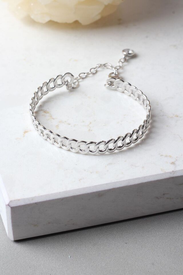 Kelepçe Bileklik Yuvarlak 925 Ayar Gümüş Zincir Bileklik