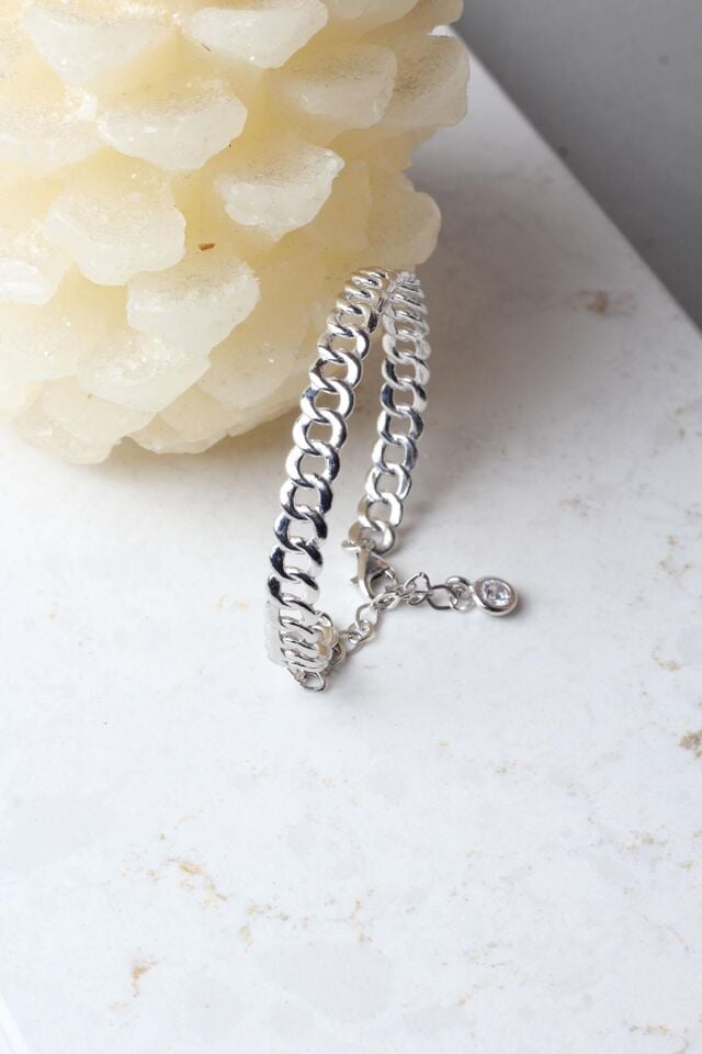 Kelepçe Bileklik Yuvarlak 925 Ayar Gümüş Zincir Bileklik