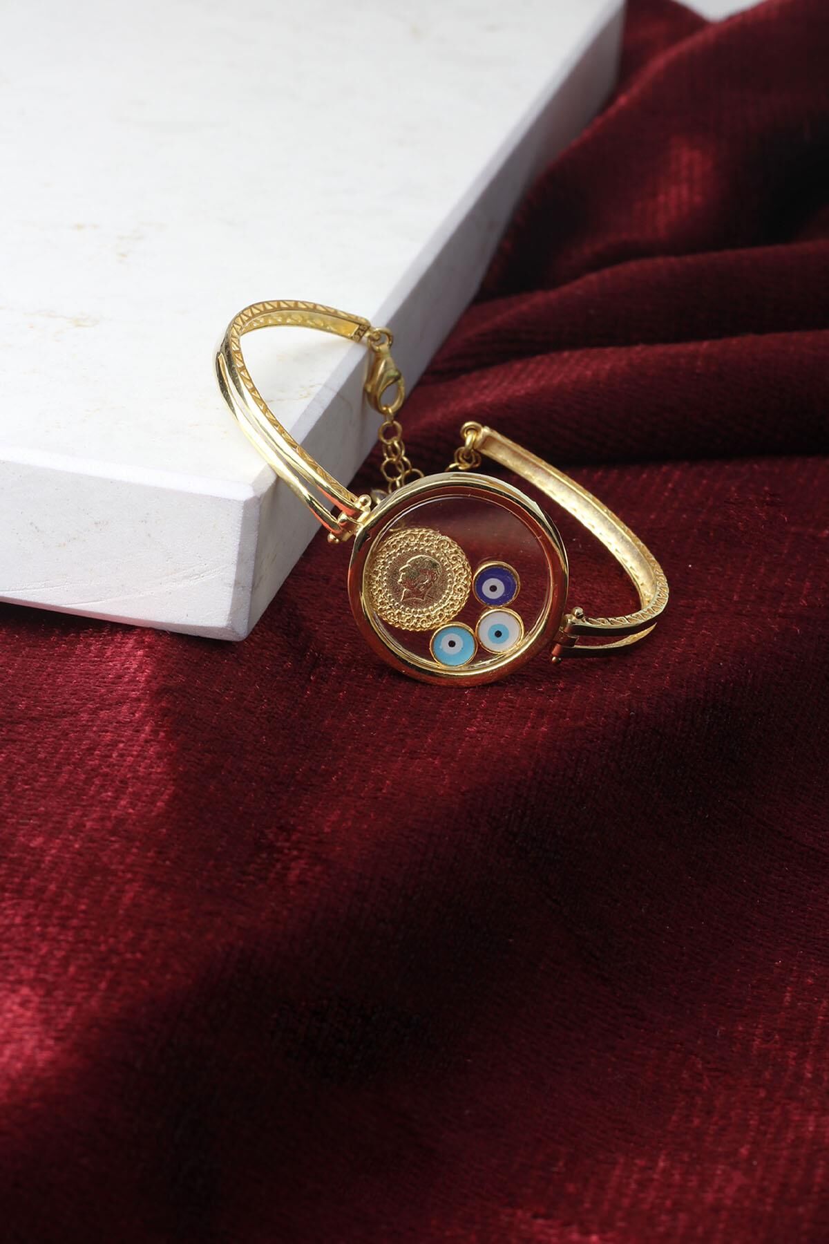 Çeyrek Model Altın Rengi Bileklik Gümüş Kelepçe Mavi Göz Mineli 925 Ayar Bileklik