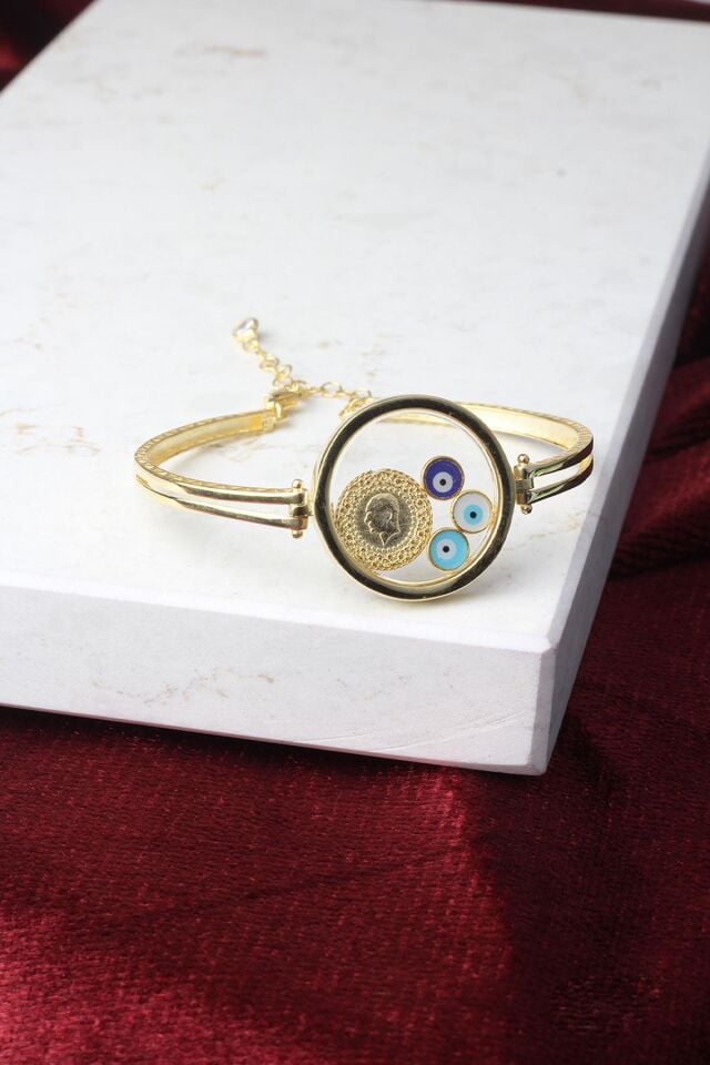 Çeyrek Model Altın Rengi Bileklik Gümüş Kelepçe Mavi Göz Mineli 925 Ayar Bileklik