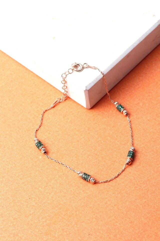 Zincir Bileklik Zirkon Taşlı Yeşil 925 Ayar Gümüş Zincir Bileklik