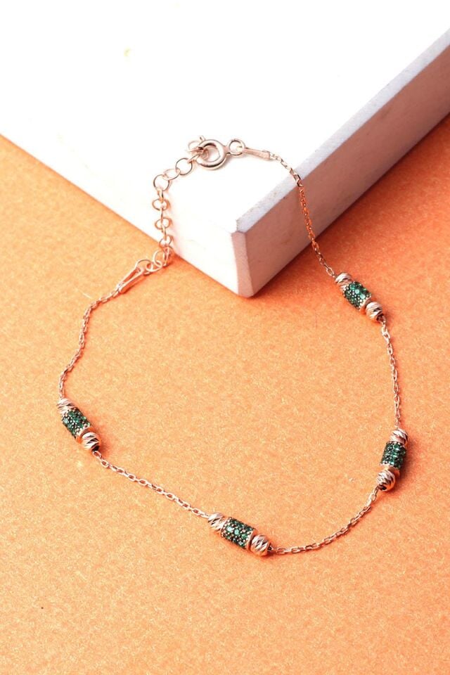 Zincir Bileklik Zirkon Taşlı Yeşil 925 Ayar Gümüş Zincir Bileklik