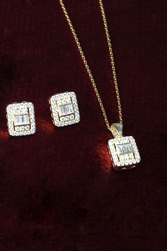 Baget Kolye Küpe Set 925 Ayar Yuvarklak Beyaz Taşlı Zirkon Gümüş Set