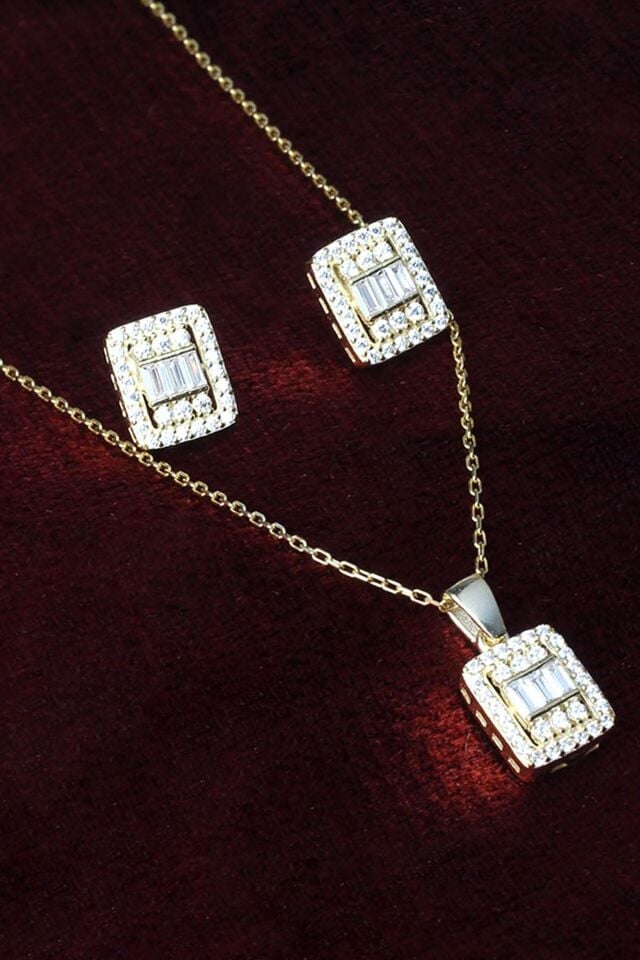 Baget Kolye Küpe Set 925 Ayar Yuvarklak Beyaz Taşlı Zirkon Gümüş Set