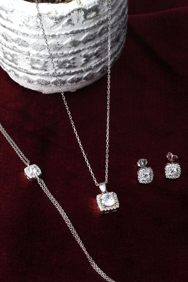 Kare Kolye Küpe Bileklik Set 925 Ayar Yuvarlak Beyaz Taşlı Zirkon Gümüş Zincir Set