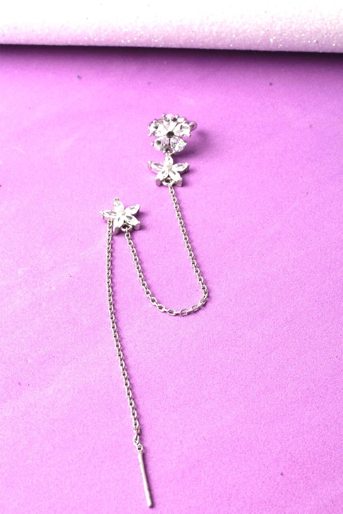 Kıkırdak Küpe 925 Ayar Zirkon Taşlı Zincir Kıkırdak Küpe