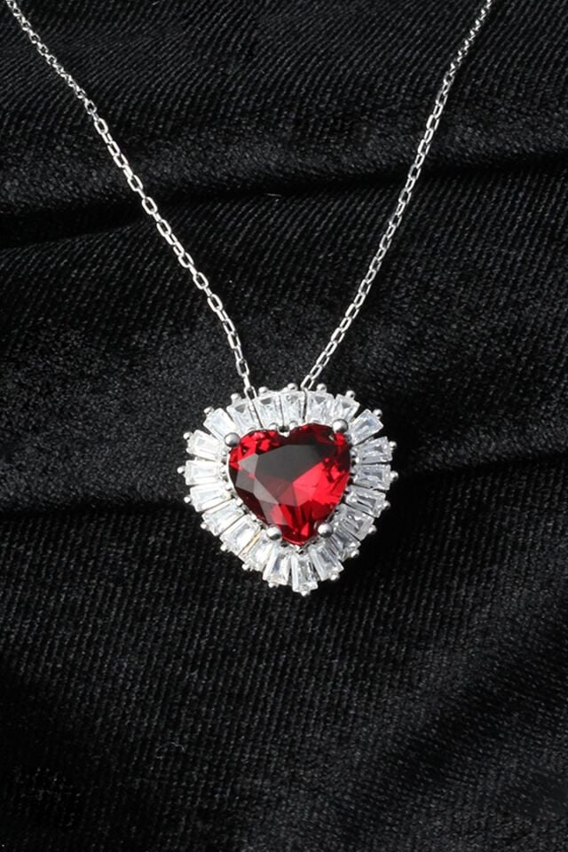 Kalp Kolye Baget Kırmızı Yakut Zirkon Taşlı Silver 925 Ayar Gümüş Kolye