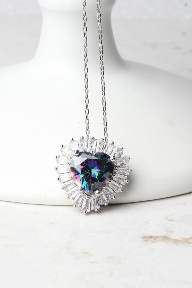 Kalp Kolye Baget Kırmızı Yakut Zirkon Taşlı Silver 925 Ayar Gümüş Kolye