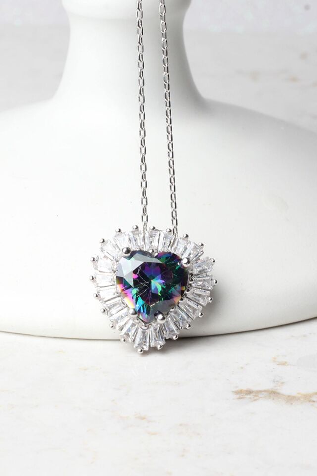 Kalp Kolye Baget Kırmızı Yakut Zirkon Taşlı Silver 925 Ayar Gümüş Kolye