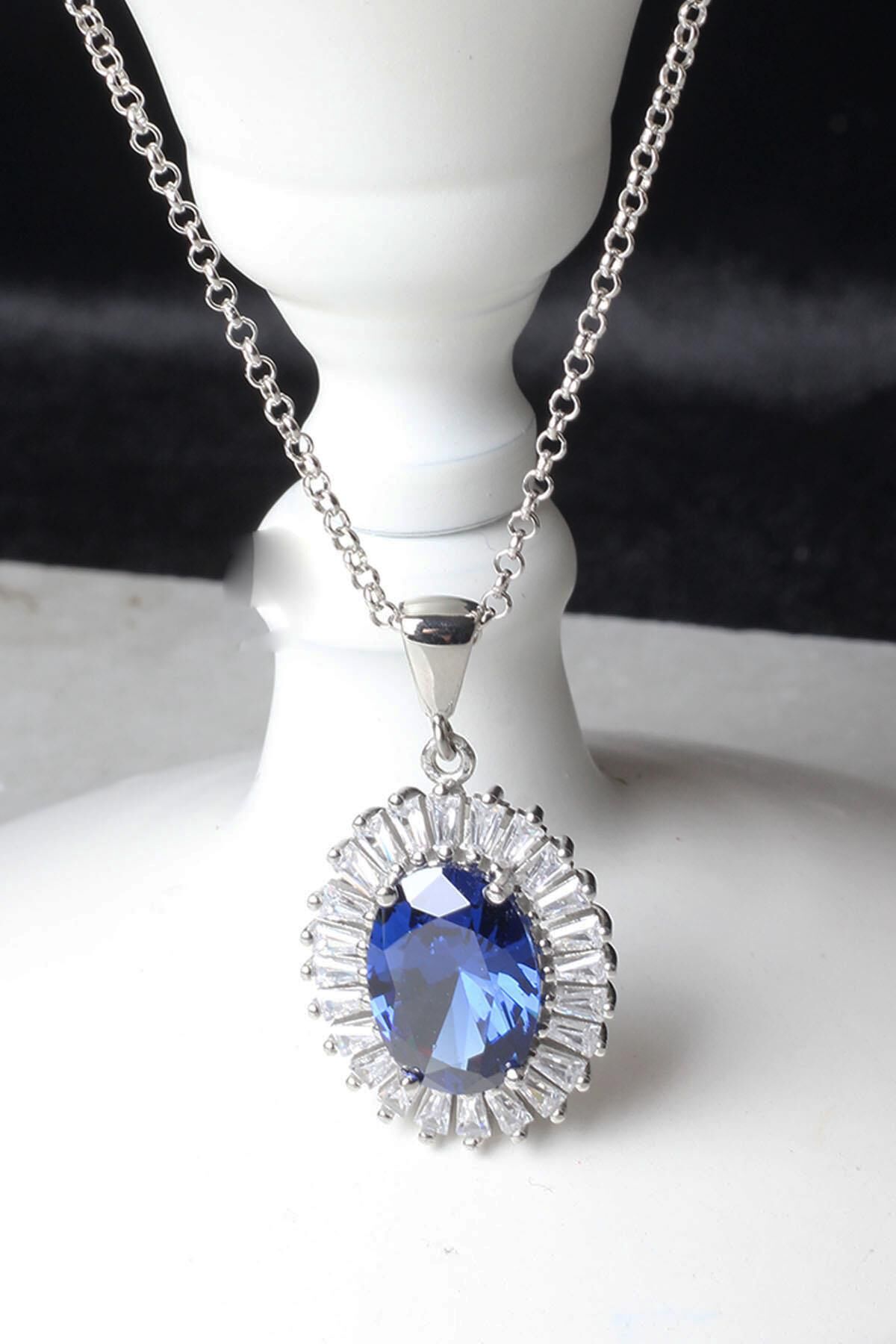 Baget Kolye Yuvarlak Safir Lacivelt Zirkon Taşlı Zincir 925 Ayar Gümüş Kolye