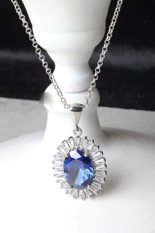 Baget Kolye Yuvarlak Safir Lacivelt Zirkon Taşlı Zincir 925 Ayar Gümüş Kolye