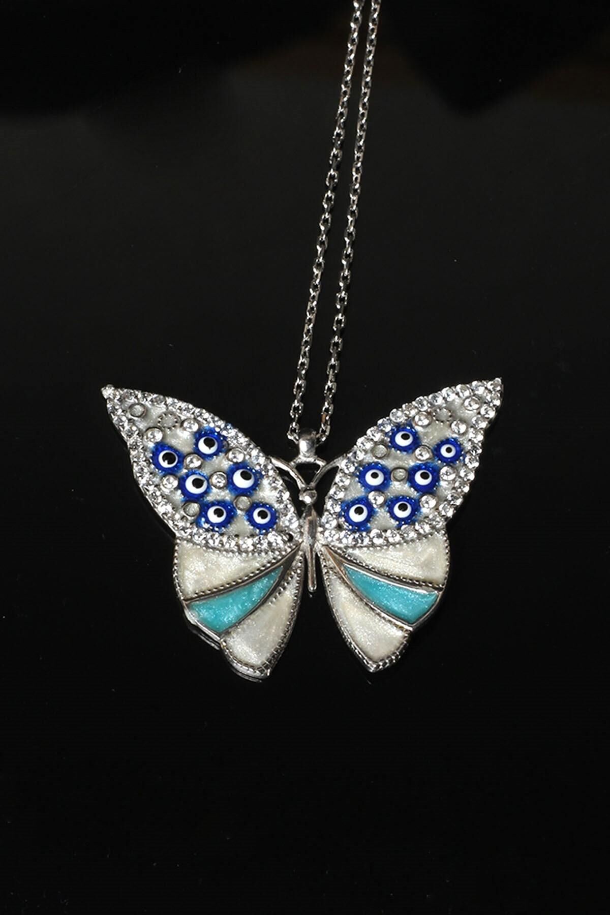 Mineli Kolye Kelebek 925 Ayar Zirkon Taşlı Beyaz Silver Gümüş Zincir Kolye