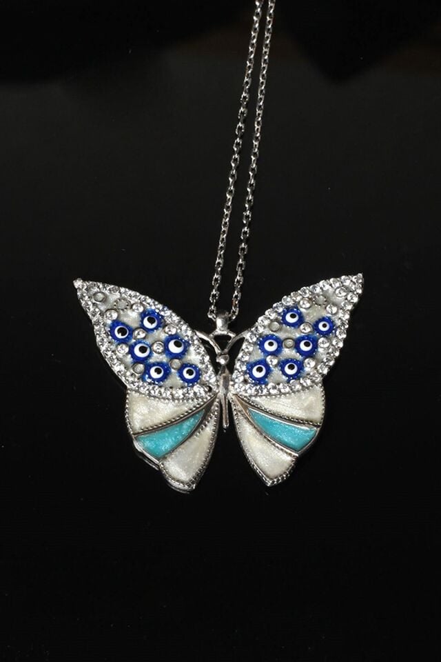 Mineli Kolye Kelebek 925 Ayar Zirkon Taşlı Beyaz Silver Gümüş Zincir Kolye