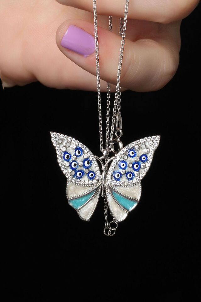 Mineli Kolye Kelebek 925 Ayar Zirkon Taşlı Beyaz Silver Gümüş Zincir Kolye
