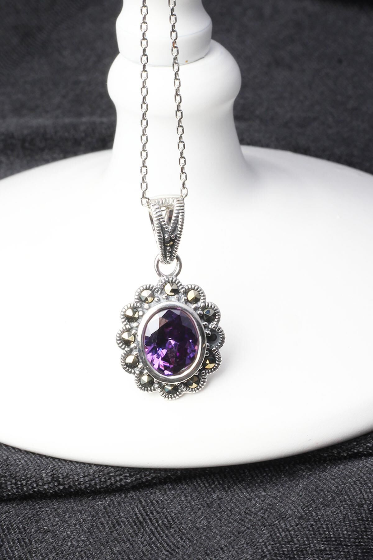 Oval Kolye Mor Ametist Markazit 925 Ayar Zirkon Taşlı Gümüş Kolye