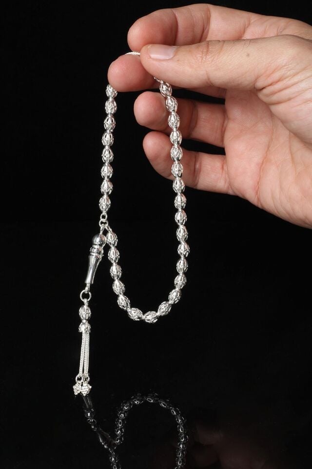 Tesbih Erkek 925 Ayar Beyaz Oval Bilek Boyu Silver Gümüş Tesbih