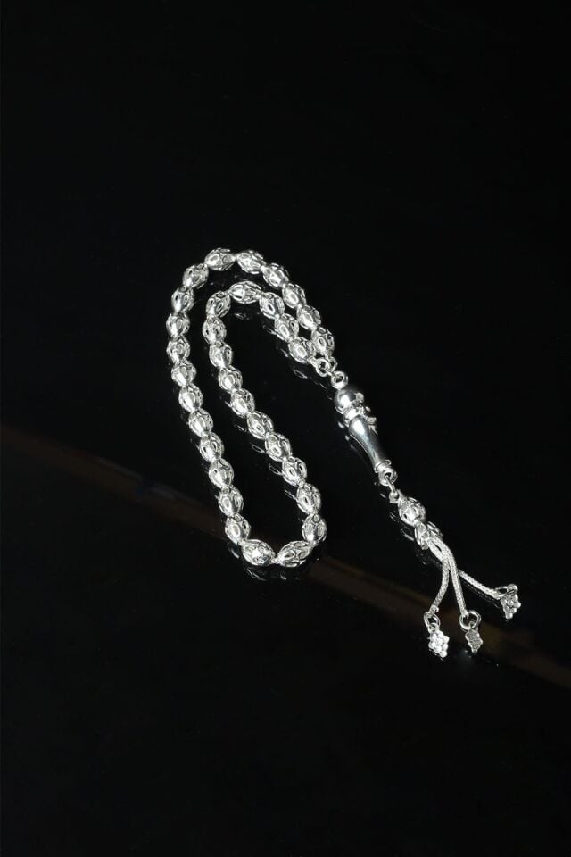 Tesbih Erkek 925 Ayar Beyaz Oval Bilek Boyu Silver Gümüş Tesbih