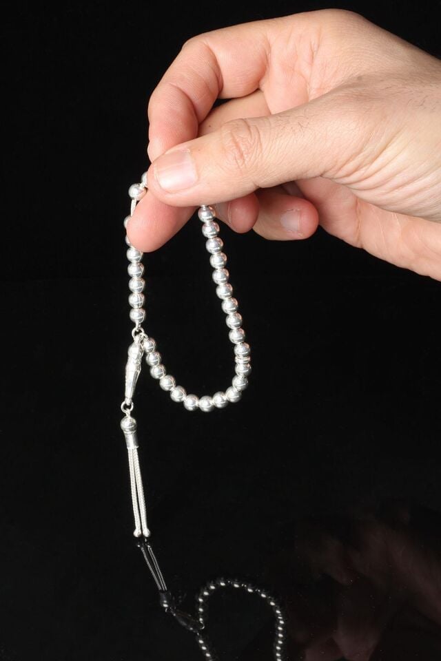 Tesbih Erkek 925 Ayar Yuvarlak Silver Beyaz Bilek Boyu Gümüş Tesbih