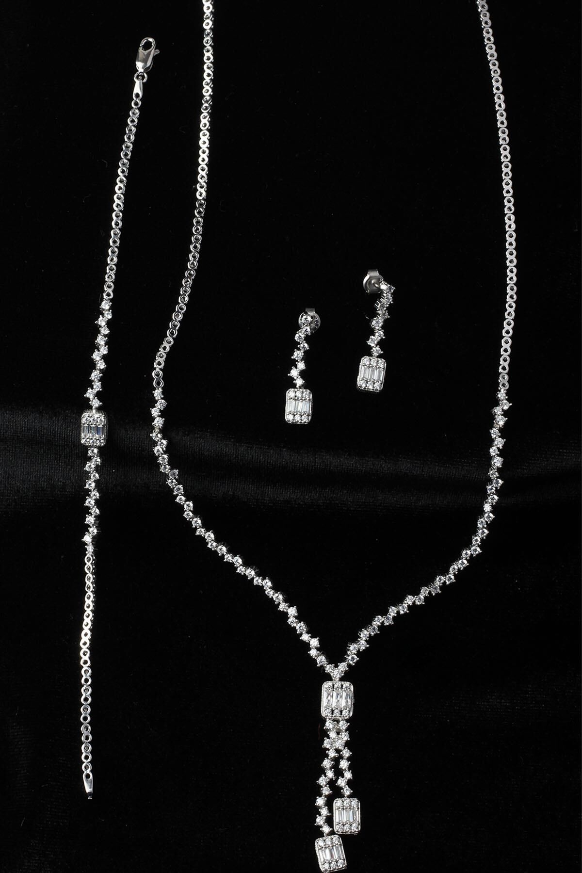 Baget Kare Kolye Küpe Bileklik Set 925 Ayar Zirkon Taşlı Abiye Düğün Kına Nişan Su Yolu Gümüş Zincir Set ST-0008