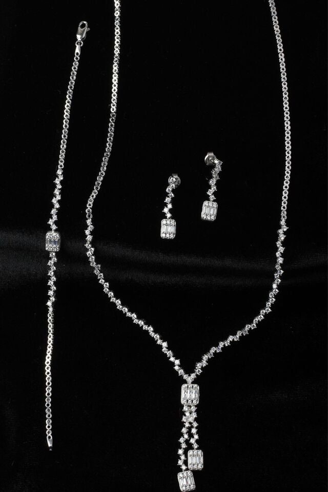 Baget Kare Kolye Küpe Bileklik Set 925 Ayar Zirkon Taşlı Abiye Düğün Kına Nişan Su Yolu Gümüş Zincir Set ST-0008