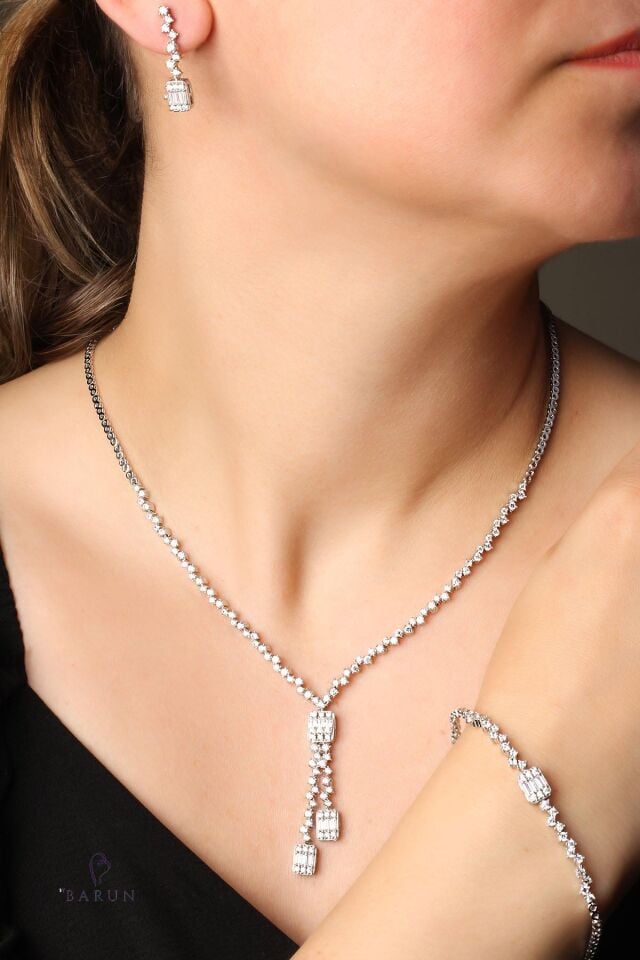 Baget Kare Kolye Küpe Bileklik Set 925 Ayar Zirkon Taşlı Abiye Düğün Kına Nişan Su Yolu Gümüş Zincir Set ST-0008