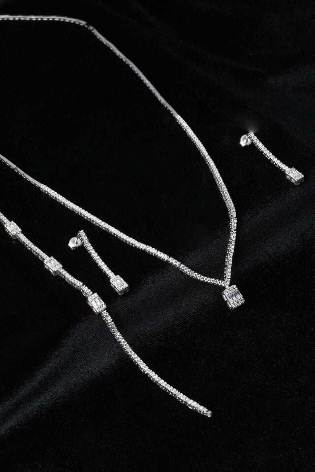 Baget Kare Kolye Küpe Bileklik Set 925 Ayar Zirkon Taşlı Abiye Düğün Kına Nişan Su Yolu Gümüş Zincir Set