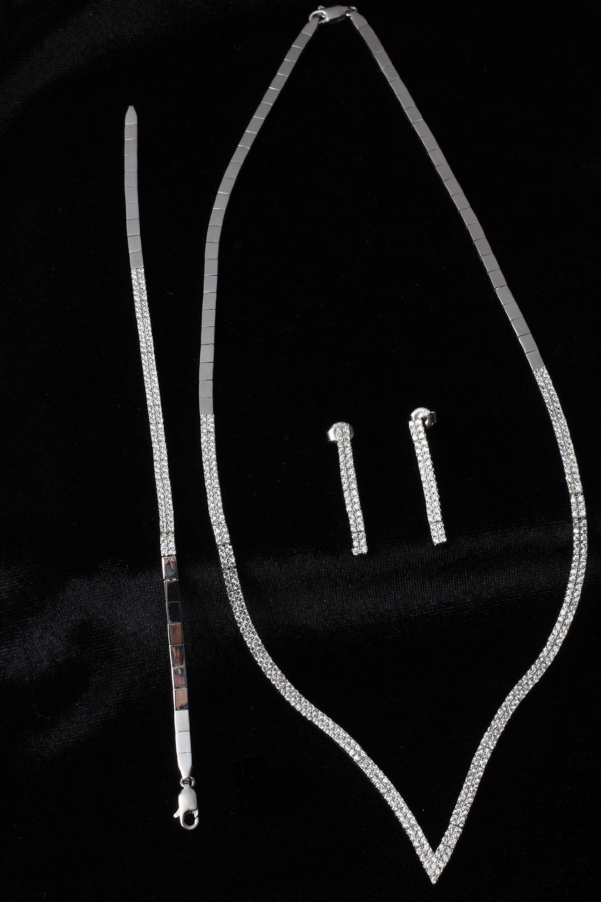 Baget Kare Kolye Küpe Bileklik Set 925 Ayar Zirkon Taşlı Abiye Düğün Kına Nişan Su Yolu Gümüş Zincir Set;