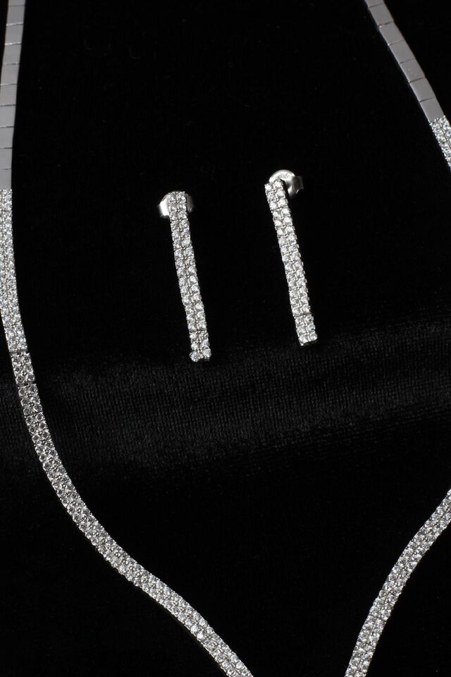 Baget Kare Kolye Küpe Bileklik Set 925 Ayar Zirkon Taşlı Abiye Düğün Kına Nişan Su Yolu Gümüş Zincir Set;