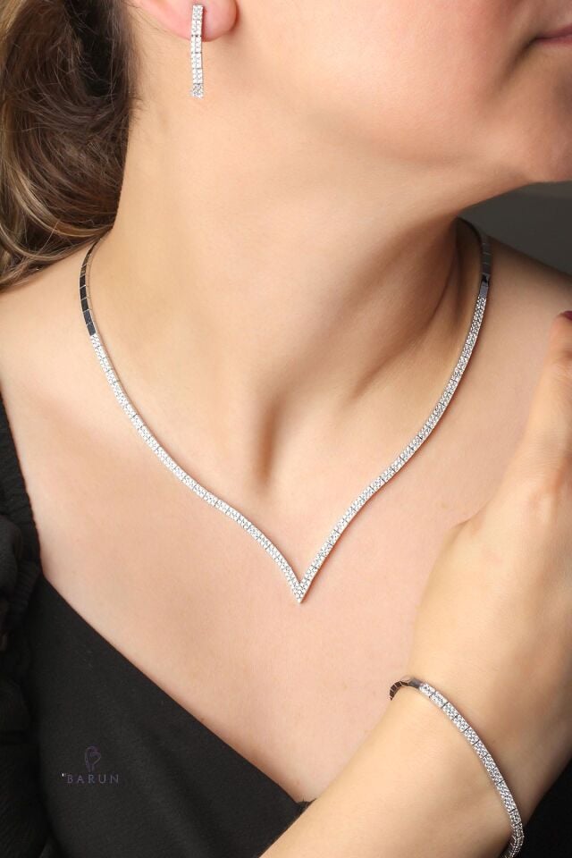 Baget Kare Kolye Küpe Bileklik Set 925 Ayar Zirkon Taşlı Abiye Düğün Kına Nişan Su Yolu Gümüş Zincir Set;