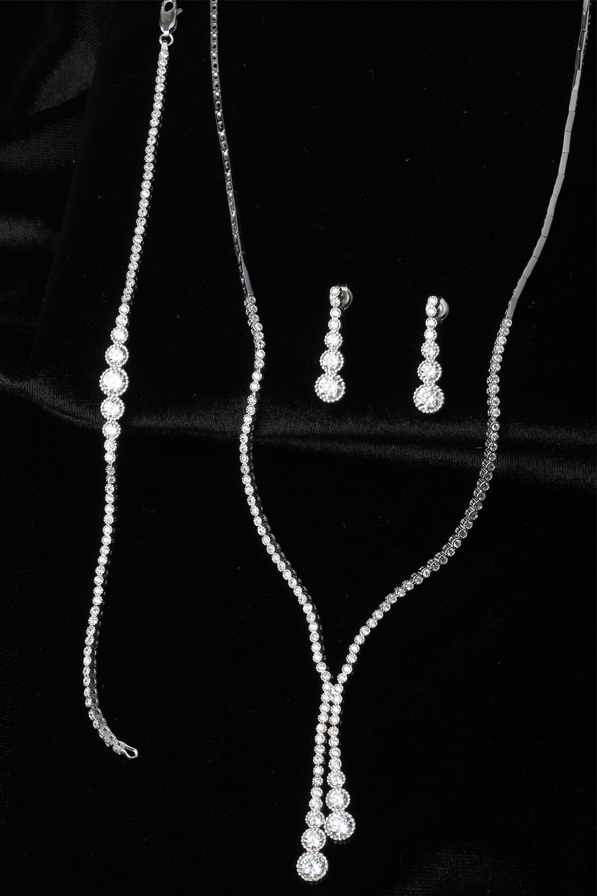 Su Yolu Yuvarlak Kolye Küpe Bileklik Set 925 Ayar Zirkon Taşlı Beyaz Silver Abiye Düğün Nişan Kına Gümüş Zincir Set