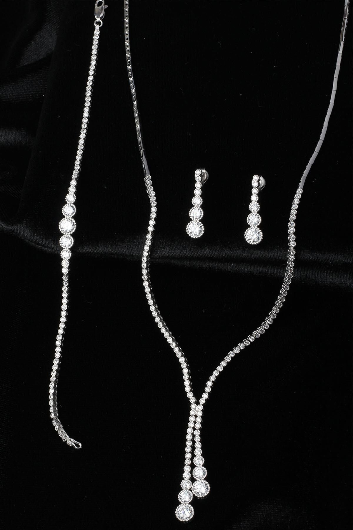 Su Yolu Yuvarlak Kolye Küpe Bileklik Set 925 Ayar Zirkon Taşlı Beyaz Silver Abiye Düğün Nişan Kına Gümüş Zincir Set