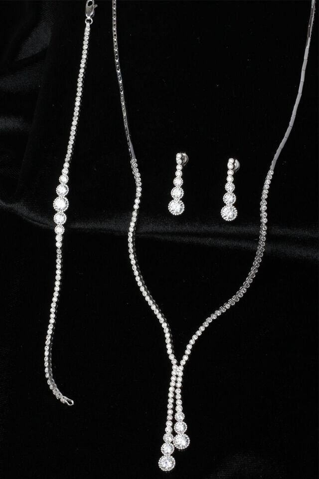 Su Yolu Yuvarlak Kolye Küpe Bileklik Set 925 Ayar Zirkon Taşlı Beyaz Silver Abiye Düğün Nişan Kına Gümüş Zincir Set