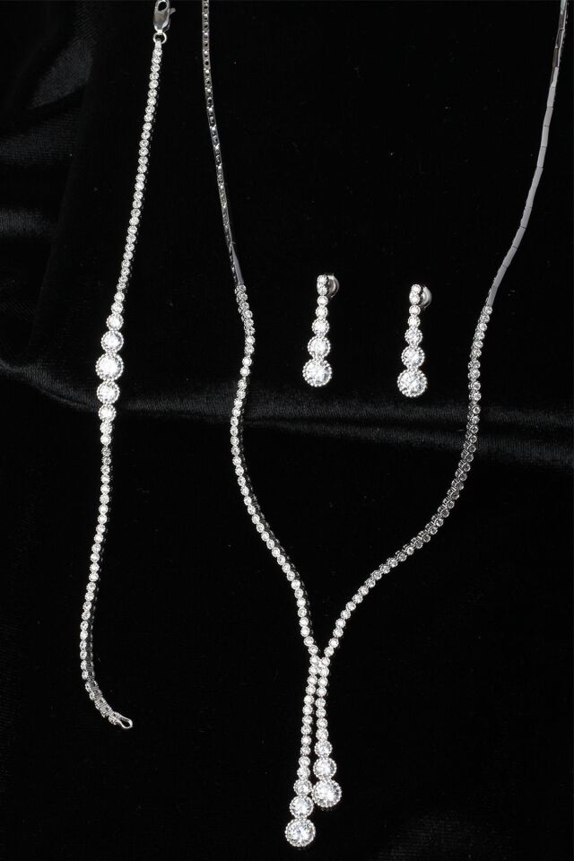 Su Yolu Yuvarlak Kolye Küpe Bileklik Set 925 Ayar Zirkon Taşlı Beyaz Silver Abiye Düğün Nişan Kına Gümüş Zincir Set