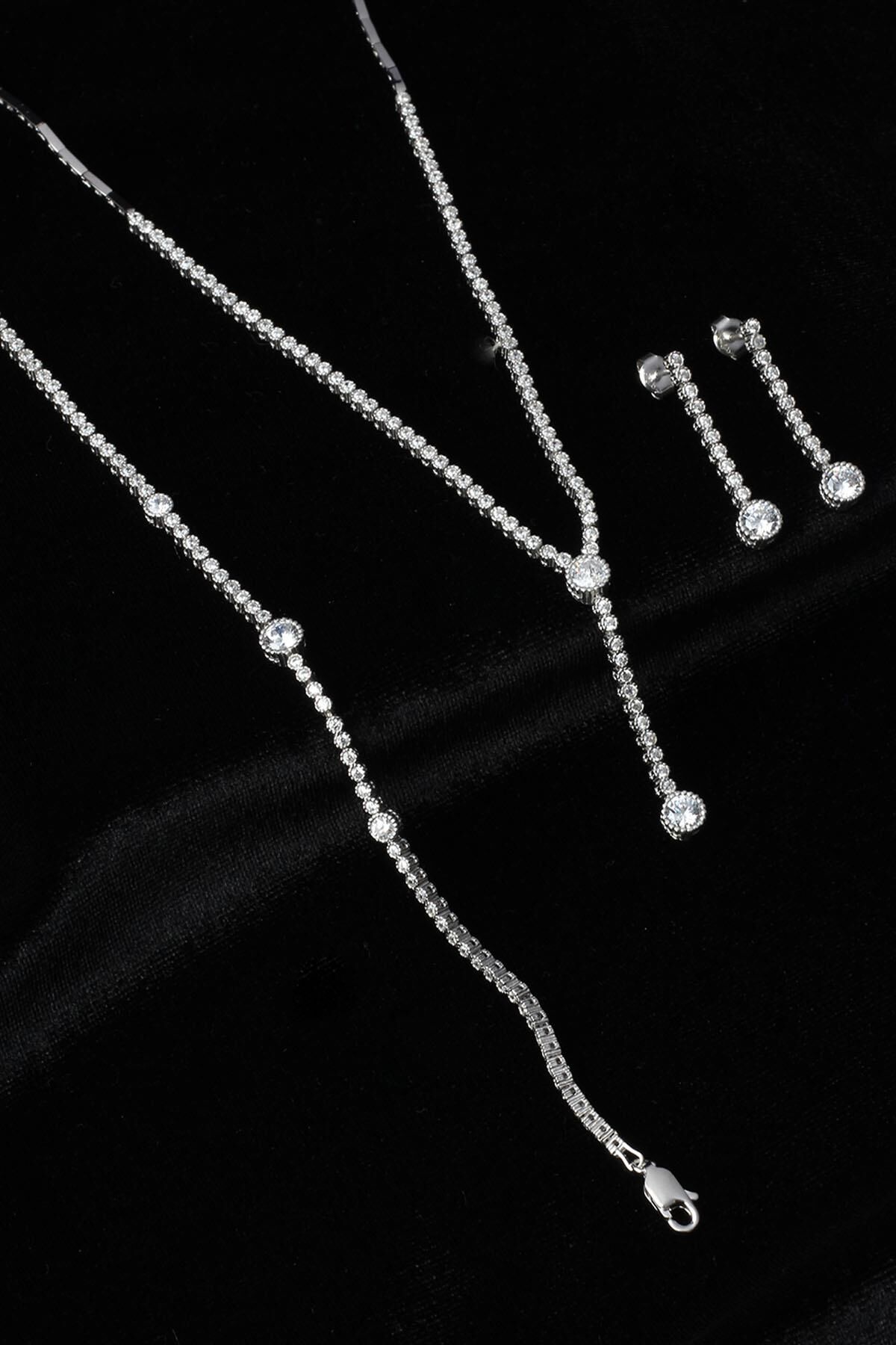 Su Yolu Yuvarlak Kolye Küpe Bileklik Set 925 Ayar Zirkon Taşlı Beyaz Silver Abiye Düğün Nişan Kına