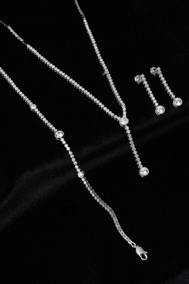 Su Yolu Yuvarlak Kolye Küpe Bileklik Set 925 Ayar Zirkon Taşlı Beyaz Silver Abiye Düğün Nişan Kına