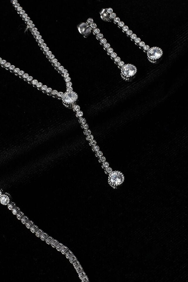 Su Yolu Yuvarlak Kolye Küpe Bileklik Set 925 Ayar Zirkon Taşlı Beyaz Silver Abiye Düğün Nişan Kına